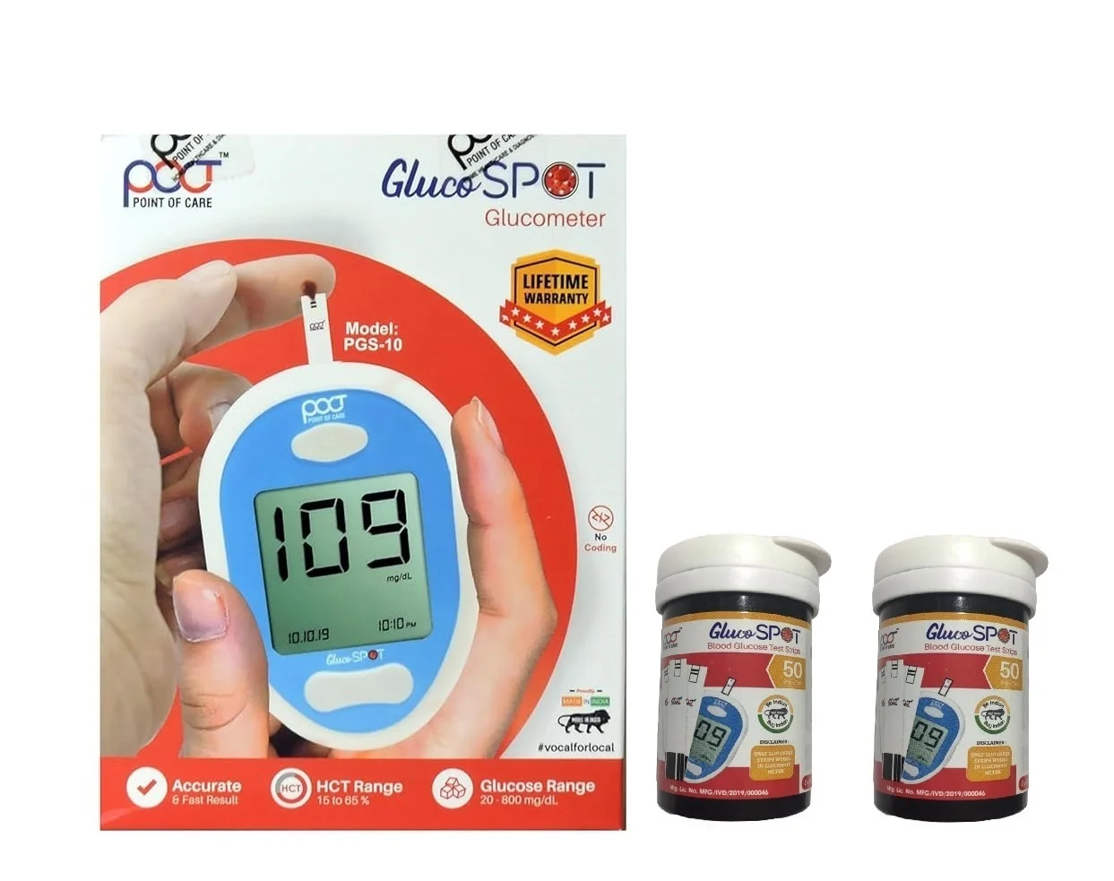POCT Gluco SPOT Glucose 50 Test Strips (Pack of 25X2) – Includes Free Glucometer.